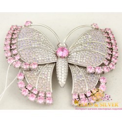 Серебряная Брошь Бабочка с розовыми камнями 6 см * 6 см 670061с